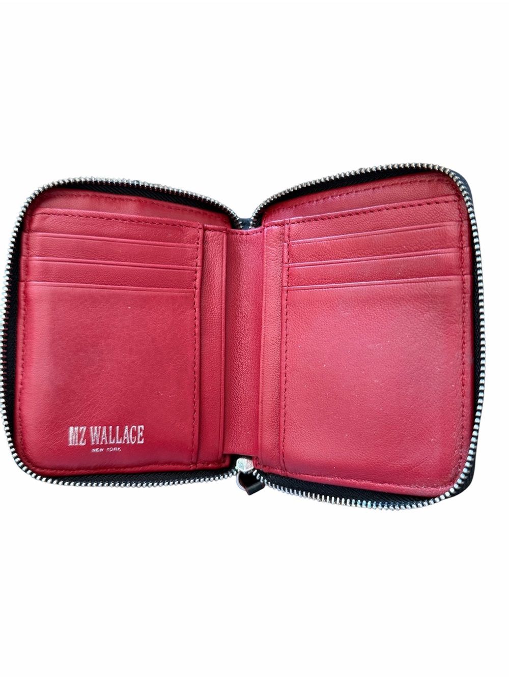 MZ Wallace Crosby Quilted & Leather Zip Wallet in Black with Red Trim Accents - Picture 3 of 8